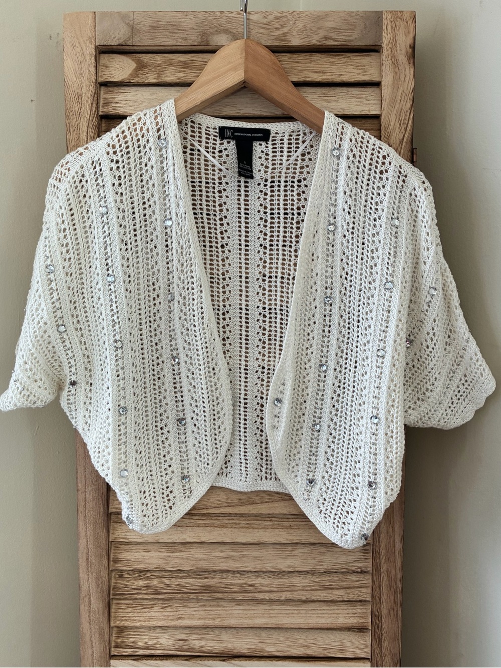 INC Boho Festival White Open Knit Rhinestone Bolero Shrug Sweater Small